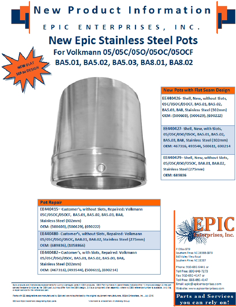 Epic Stainless Steel Pots for Volkmann 05/05C/05OC/05OF BA5.01, BA5.02, BA5.03, BA8.01, BA8.02
